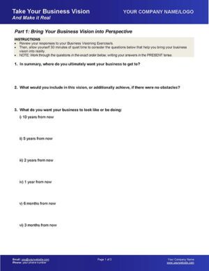 Business Coaching Worksheets Vision into Action Worksheet Page 1